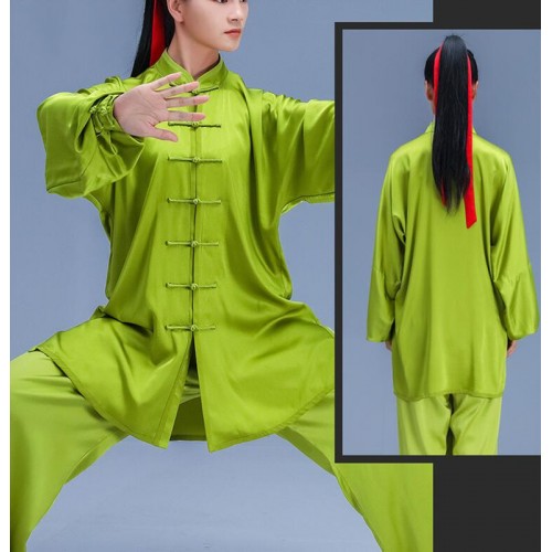 Taichi clothing  green mulberry silk chinese kungfu uniforms tai ji quan clothes for women and men wushu martial arts stage performance set 
